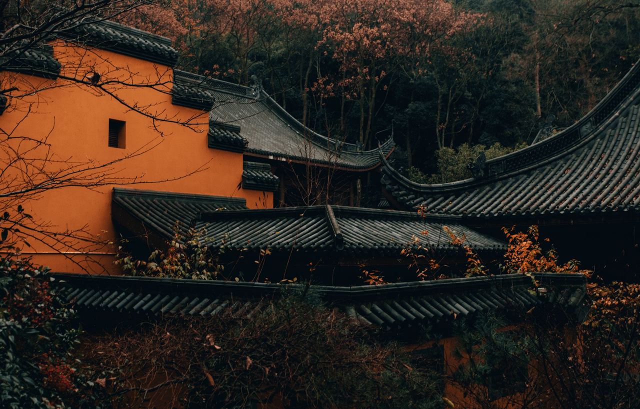 The yellow walls and grey tiled roofs of Lingyin Temple among autumn trees
