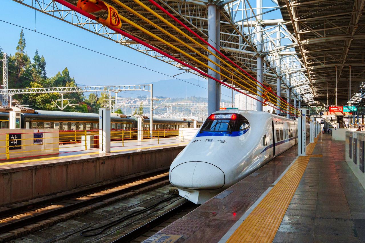 A China high-speed train waiting at a city station platform